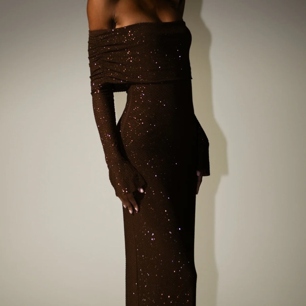 Meshki Brown Off-Shoulder Sequin Long-Sleeve Gown